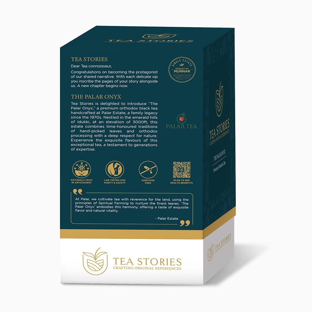 "Tea Stories" Palar Onyx packaging — featuring logo and design details.